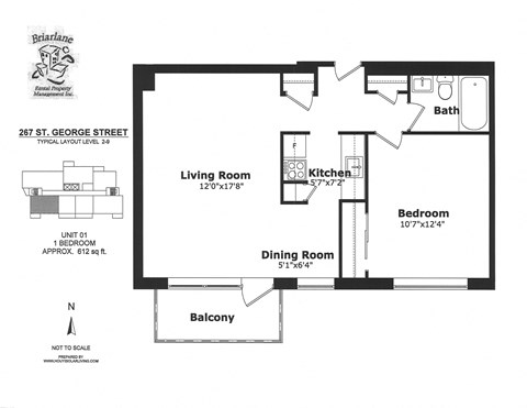 Floor plan for 1 bed, 1 bath, 630 sqft